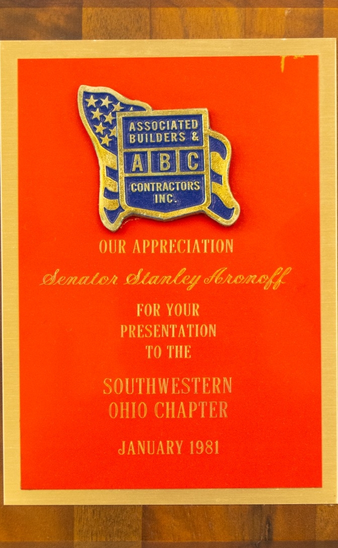 Associated Builders & ABC Contractors Inc. sending their appreciation to Senator Stanely Aronoff for his presentation.