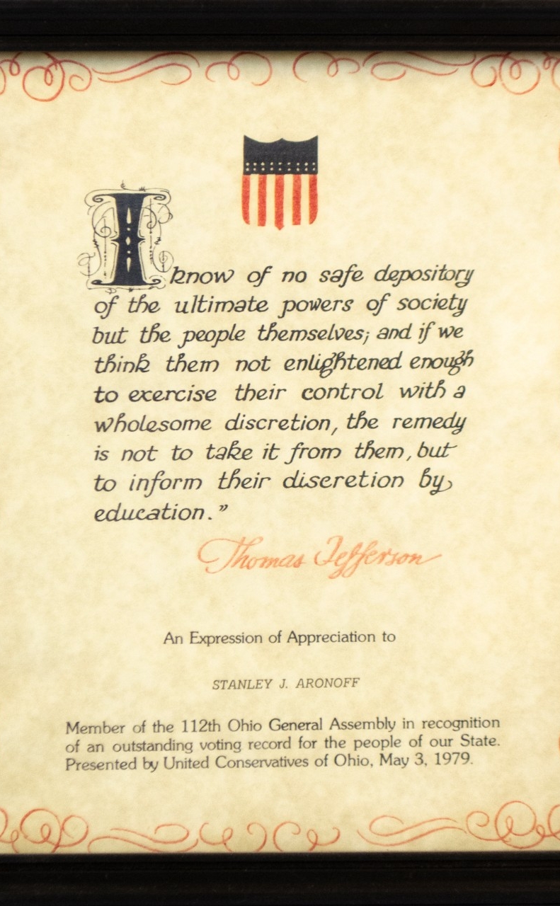 An expression of appreciation to Stanley Aronoff for an outstanding voting record 