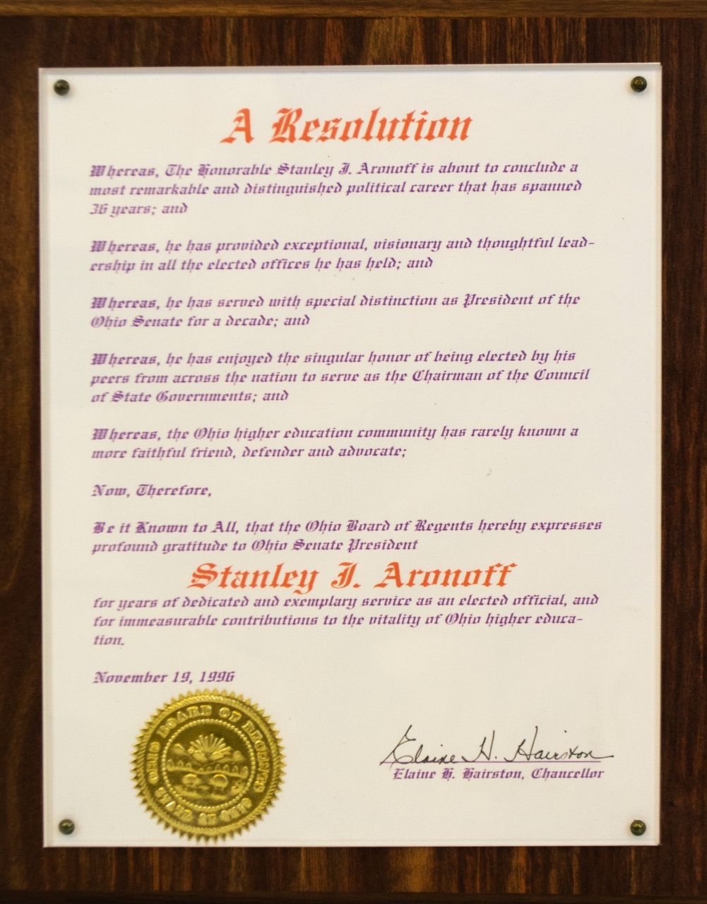 A Resolution recognizing the work and successful career of Senator Stanley Aronoff.