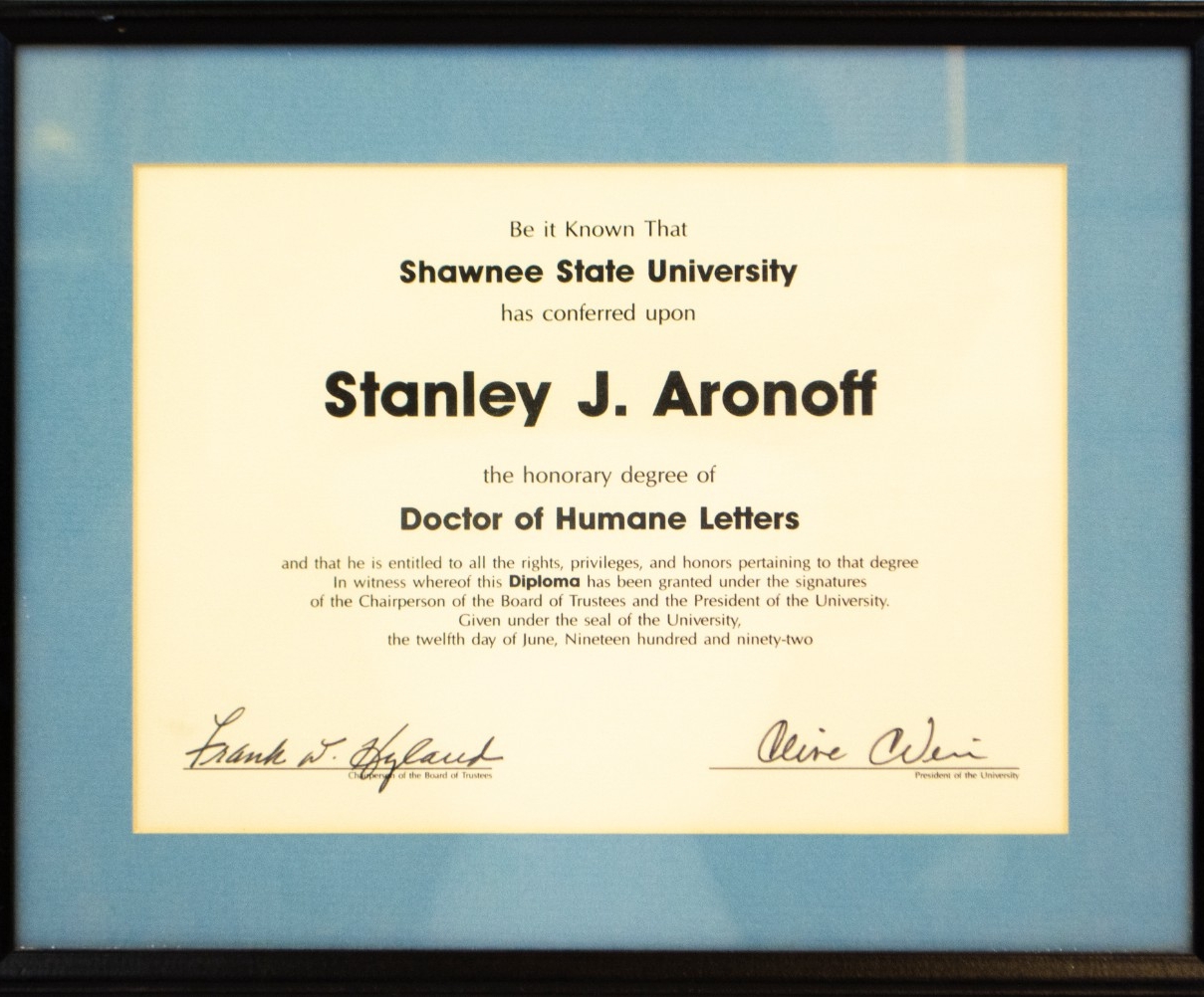 Doctor of Humane Letters presented to Stanley Aronoff by Shawnee State University 