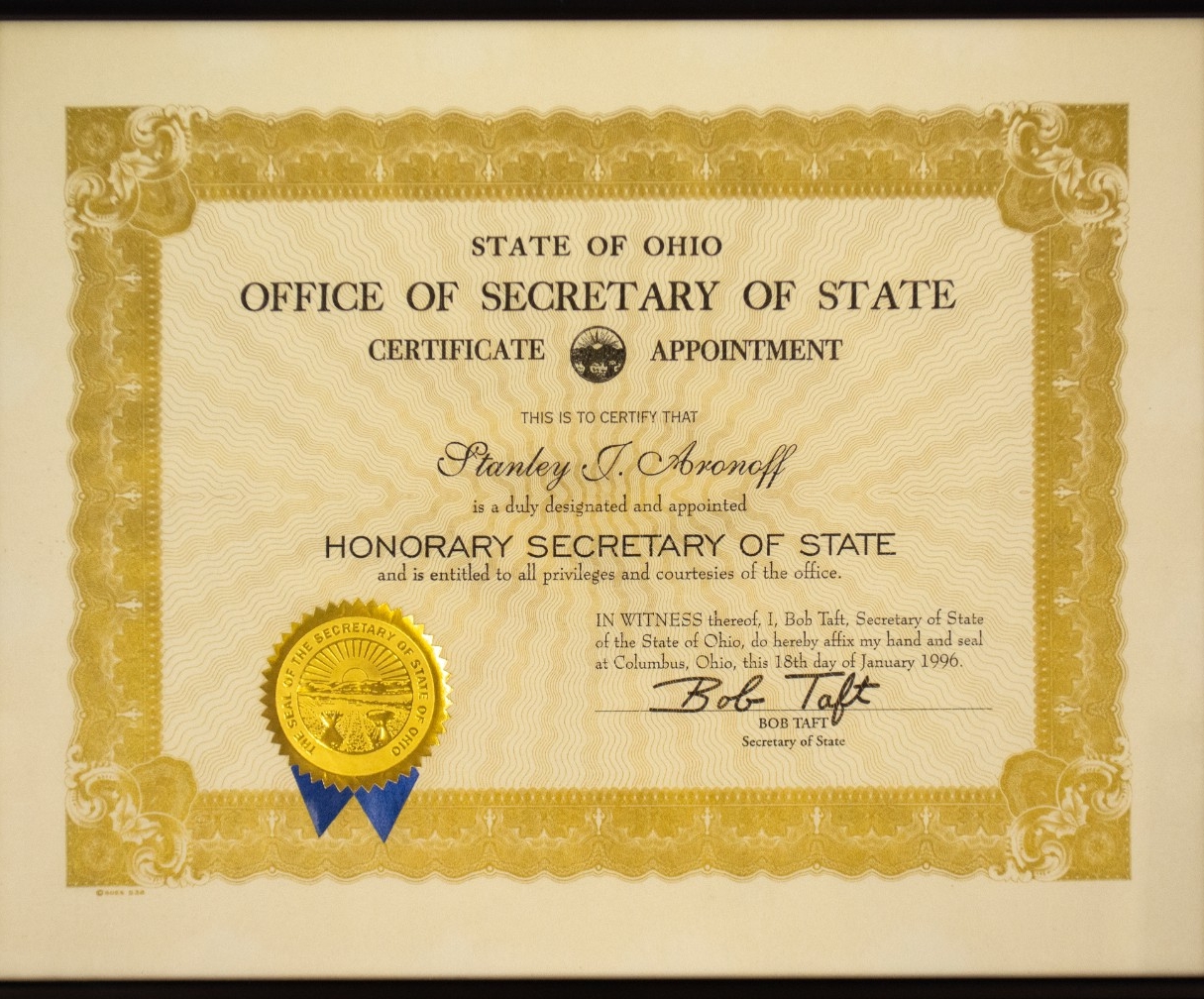 Office of Secretary of State recognizes Stanley Aronoff as Honorary Secretary of State.