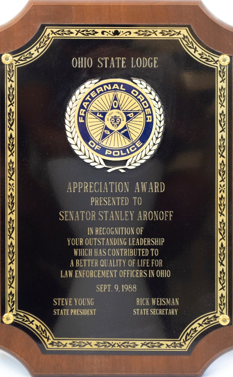 Ohio State Lodge Appreciation Award Presented to Senator Stanley Aronoff