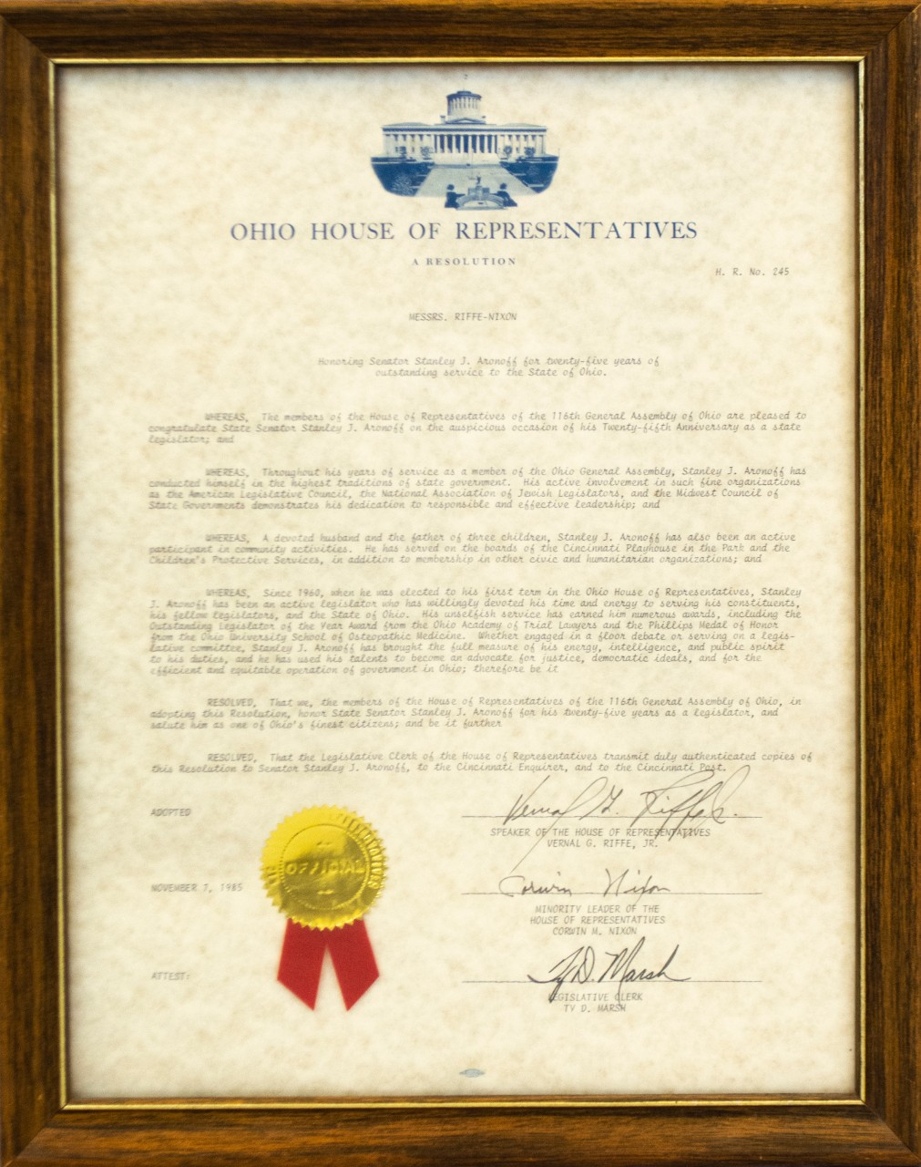 Ohio House of Representatives letter to Stanley Aronoff