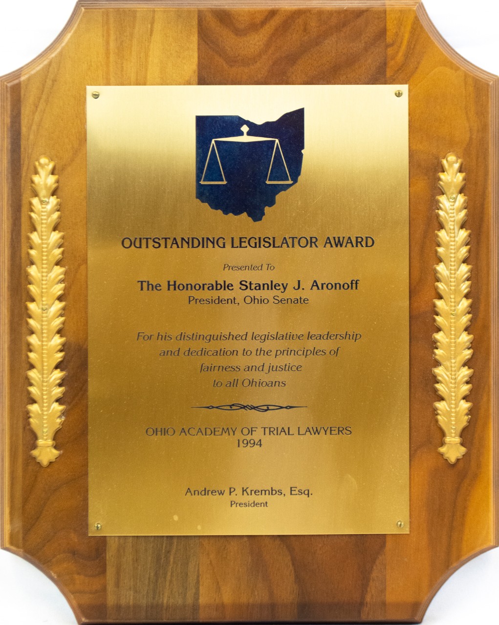 Outstanding legislator award Presented to Stanley J. Aronoff 1994