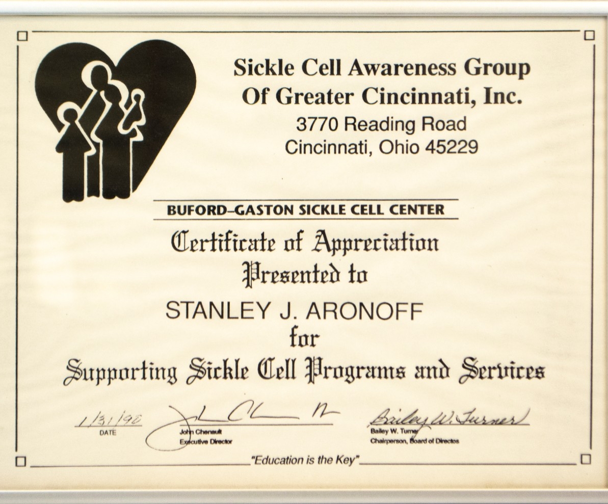 Sickle Cell Awareness Group of Greater Cincinnati presents certificate of appreciation to Stanley J. Aronoff