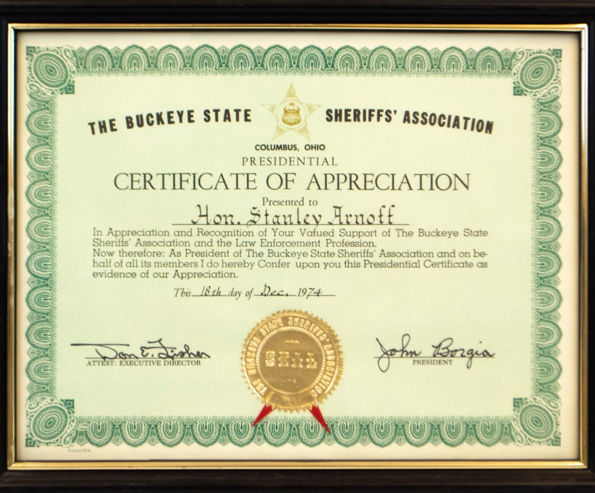 The Buckeye State Sheriffs' Association certificate of appreciation presented to Stanley Aronoff