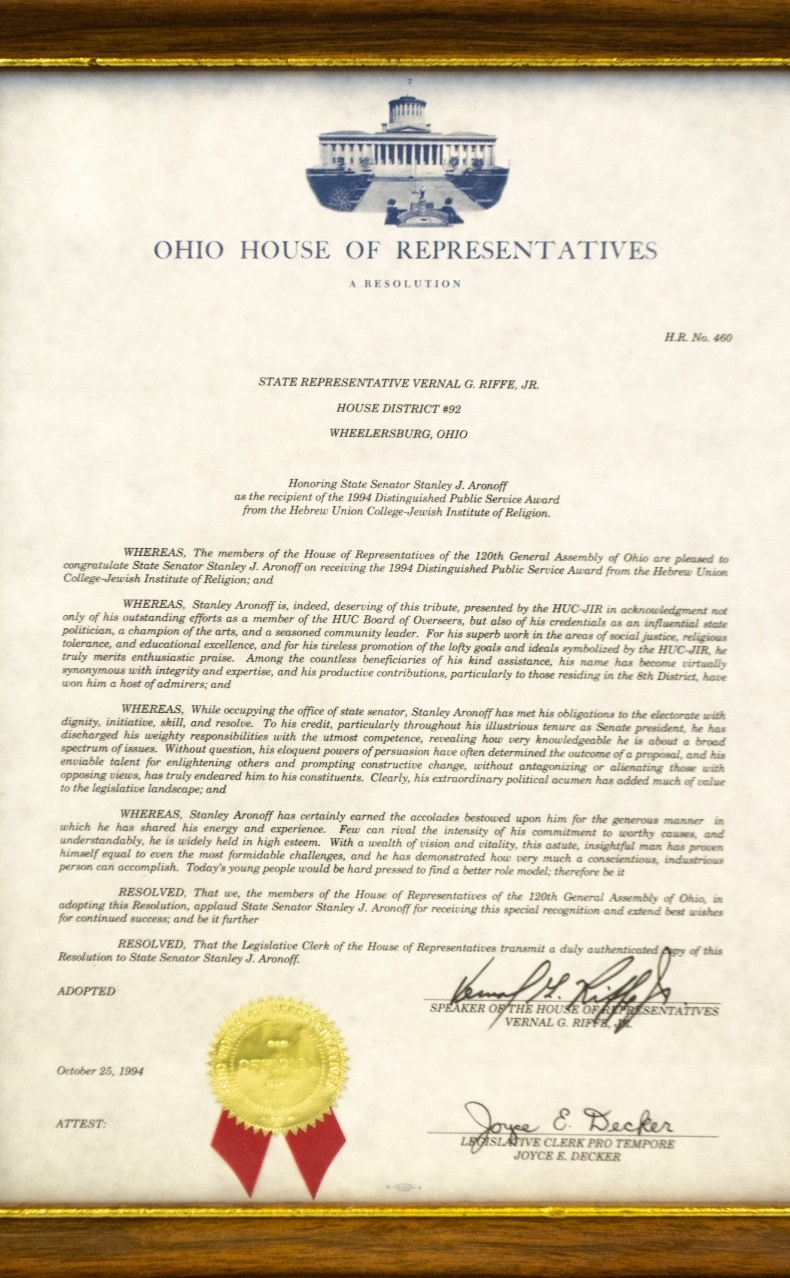 Letter honoring State Senator Stanley J. Aronoff as the recipient of the 1994 Distinguished Public Service Award from the Hebrew Union College-Jewish Institute of Religion