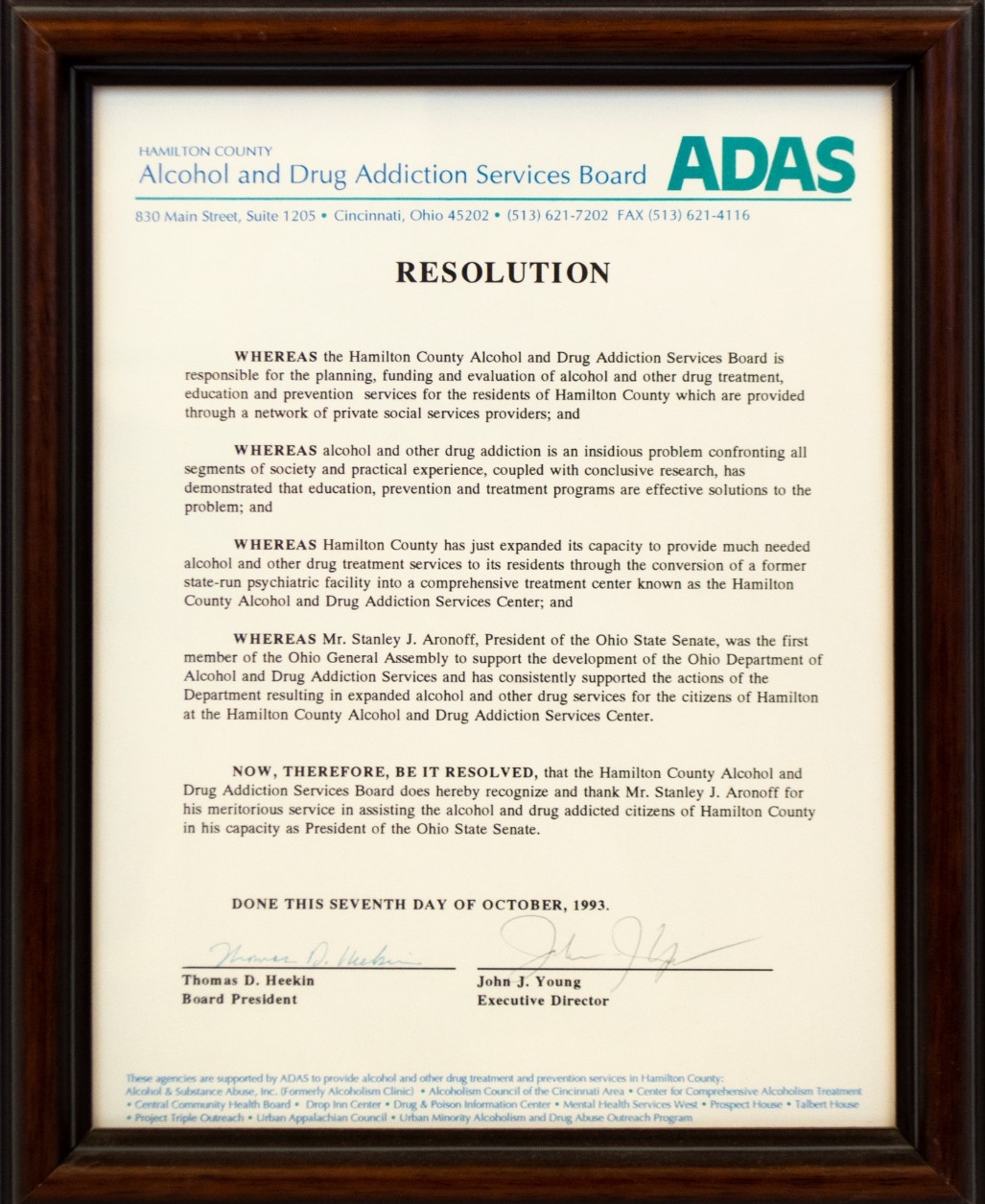 Appreciation Letter to Stanley Aronoff from the Hamilton County Alcohol and Drug Addiction Services Board