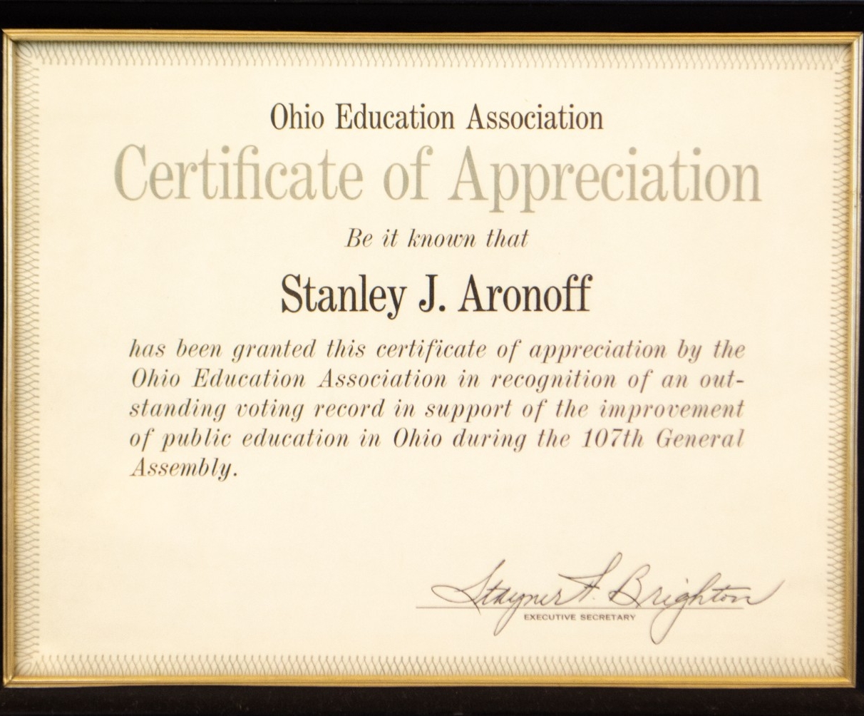 Ohio Education Association Certificate of Appreciation to Stanley J. Aronoff