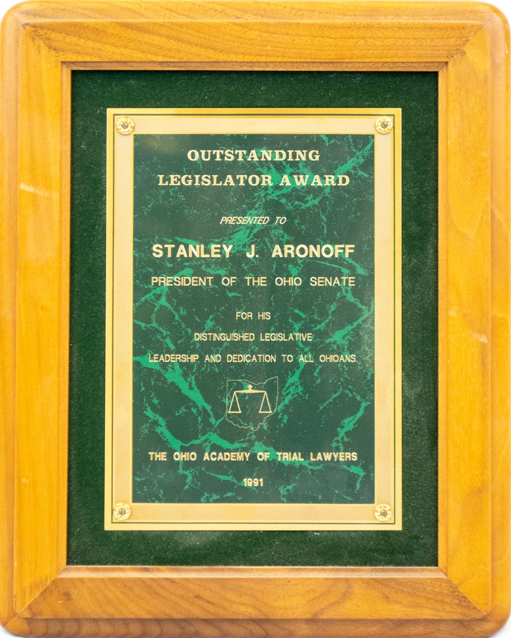 Outstanding legislator award Presented to Stanley J. Aronoff