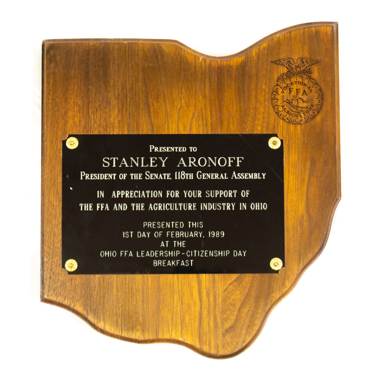 Ohio FFA Presents an award to Stanley J. Aronoff in appreciation for his support of the FFA and the agriculture industry in Ohio.