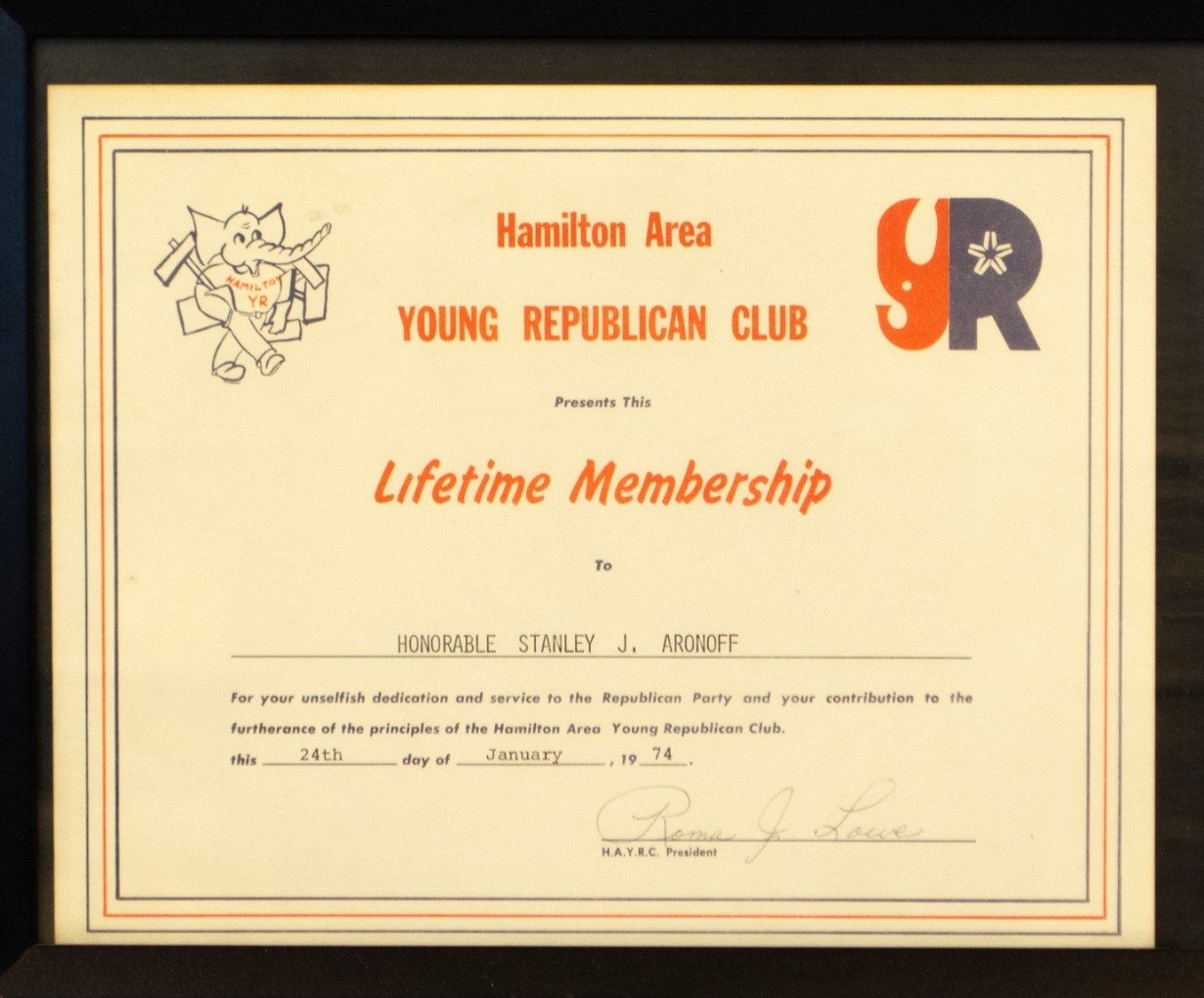 Young Republican Club Presents Lifetime Membership to Honorable Stanley J. Aronoff