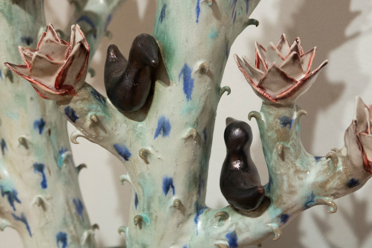 ceramic cacti decorated with swans